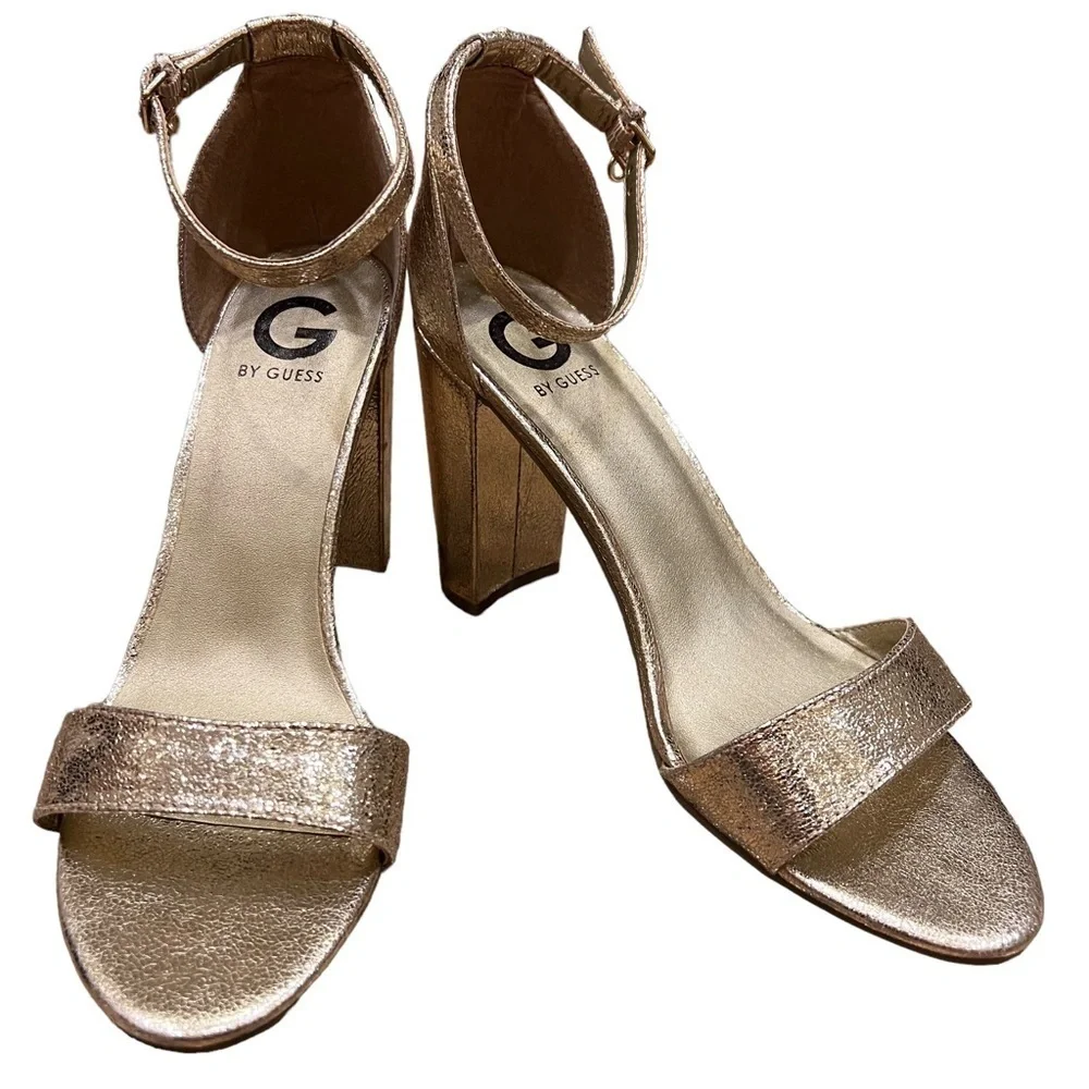 G by Guess Champagne Gold Shantel 3 Heel Strap Sandals, Size 10